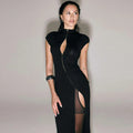 Chic Black Hollow Out A-line Maxi Dress Women Fashion High Neck Short Sleeve Slim High Split Dresses Sexy Evening Party Gowns
