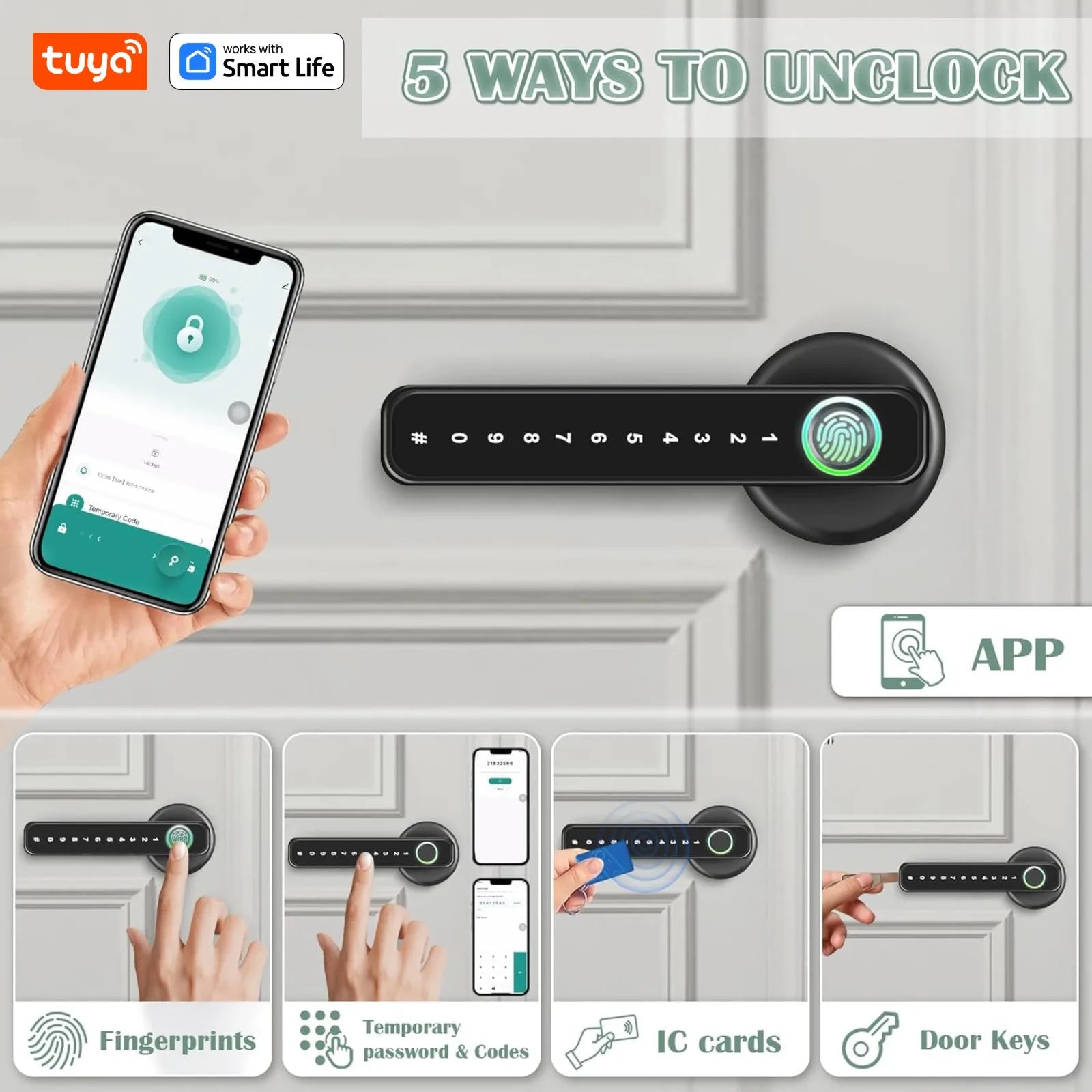 Tuya Smart Lock Fingerprint Door Lock With Handle,IC Card,App Control,Passcode Unlock Electronic Touchscreen Keypad