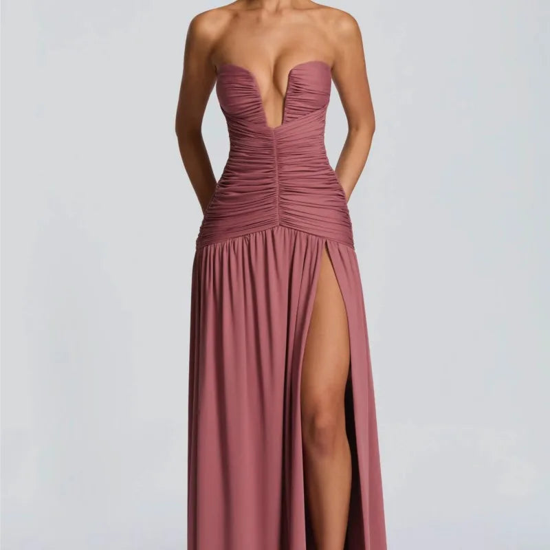 Elegant Lady Solid Maxi Dress Sleeveless Off Shoulder Deep V-neck High Split Pleated Satin Gown 2026 Women New Dinner Party Wear