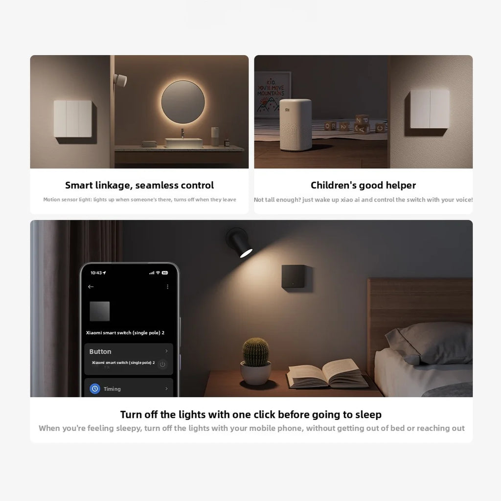 Xiaomi Smart Wall Switch Single Double Triple Key Dual Control Live&Neutral Line Work for Smart Light Mi home App
