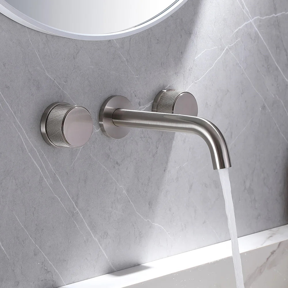 Double Handle Matte Black Wall Mounted Bathroom Faucet Hot & Cold Water Mixer Chrome Basin Faucet