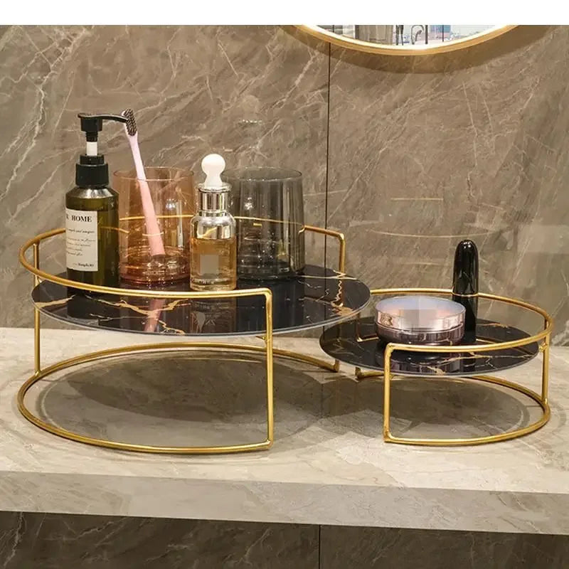 Metal Marbled Glass Tray 2-piece Set Decorative Storage Rack Desktop Organizer Cosmetic Shelf Display Stand Bathroom Shelves