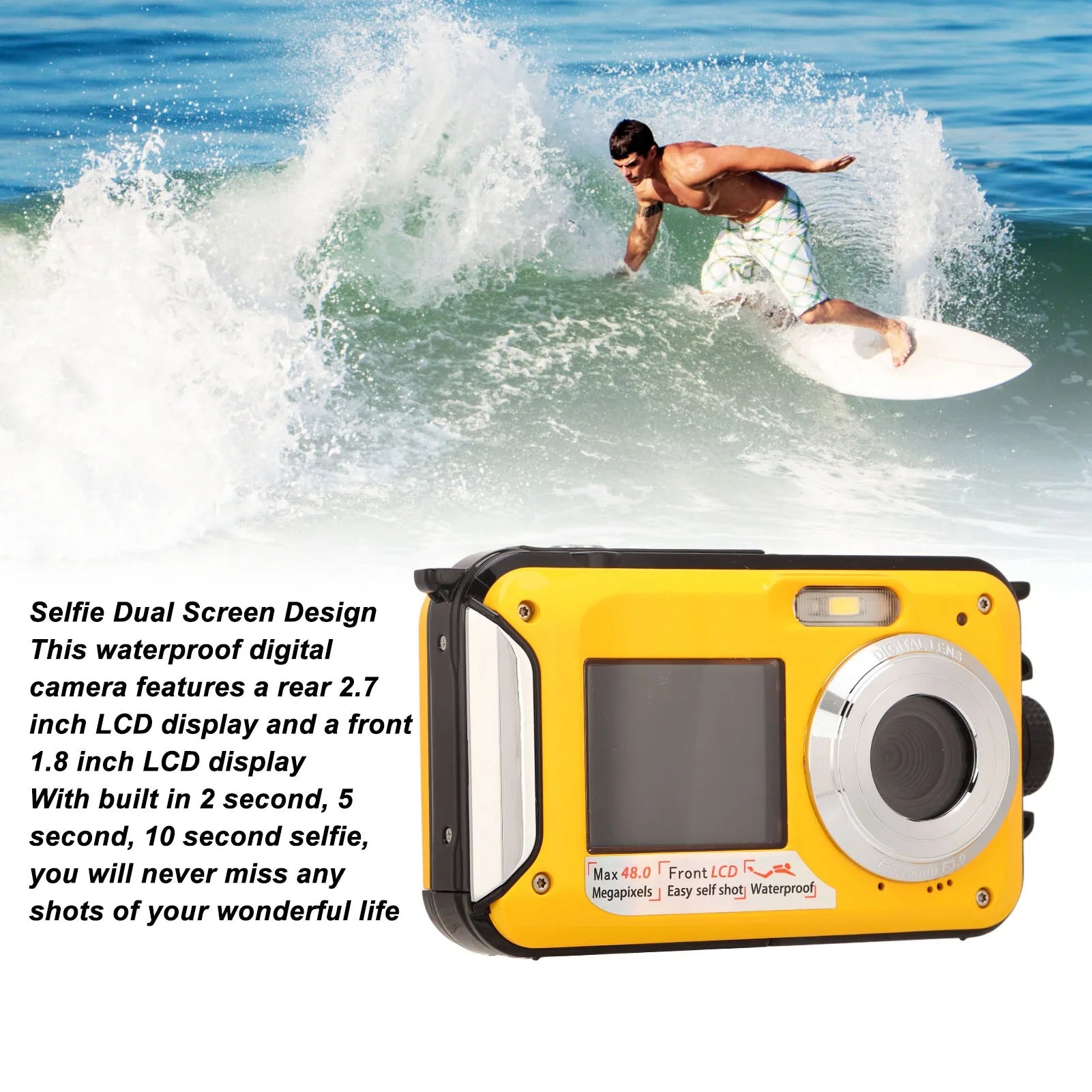 Full HD 2.7K 48MP 10ft Waterproof Underwater Digital Camera 16X Digital Zoom Front Rear Double Screens Waterproof Digital Camera
