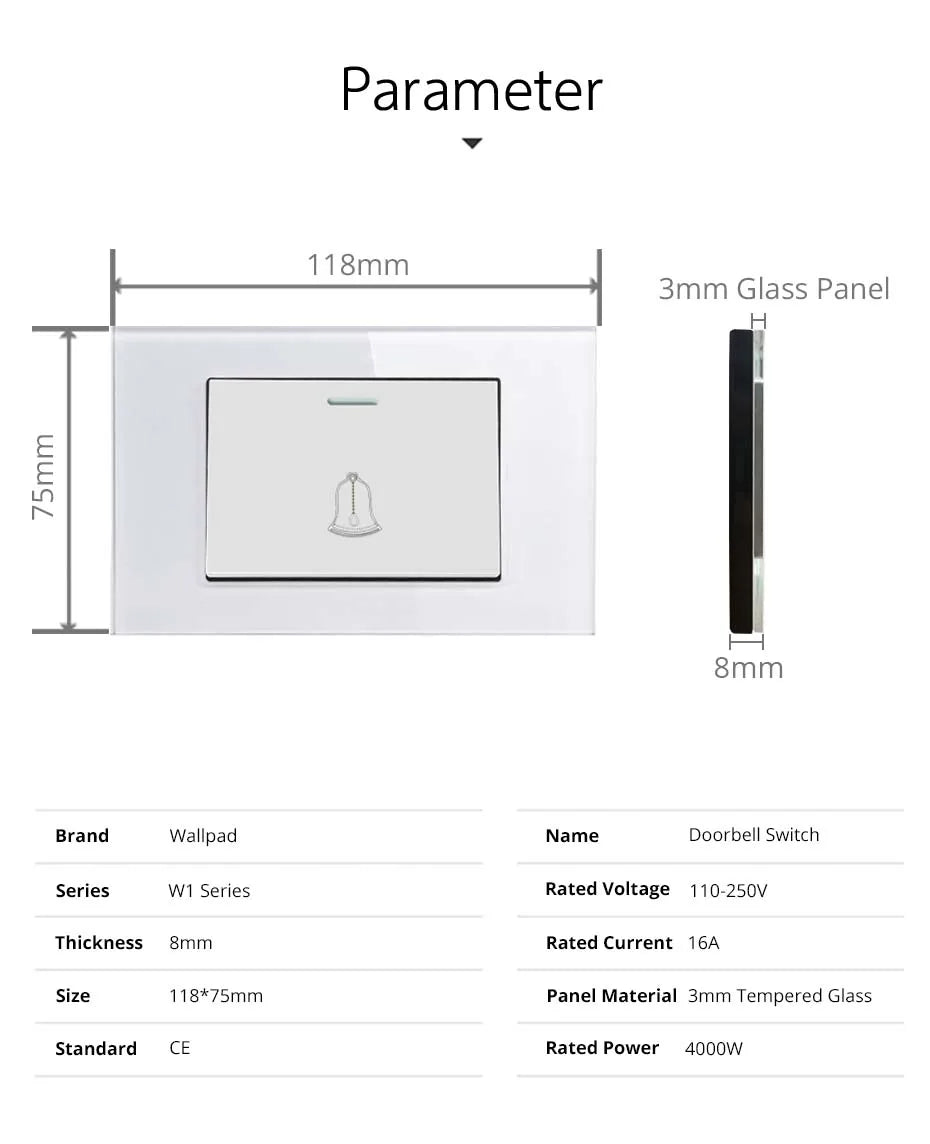 Doorbell Reset Wall light Switch Wallpad Tempered Glass Panel Push Button 118*75mm 16A AC 110-250V