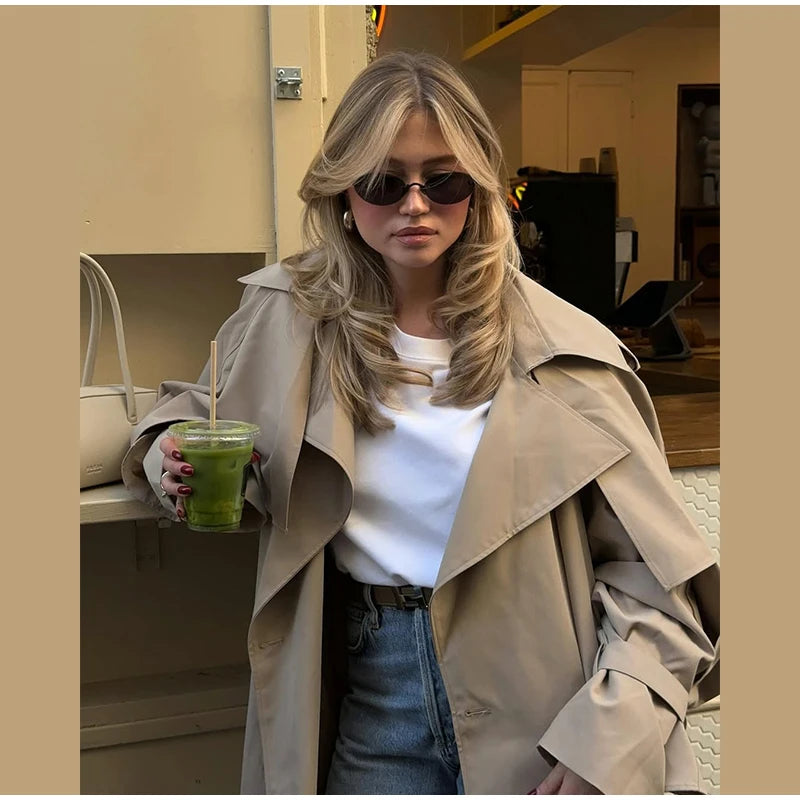 Casual Lace Up Long Trench Coat Women Chic Solid Color Full Sleeve Lapel Windbreaker 2026 Fall New Fashion Loose Commute Jackets