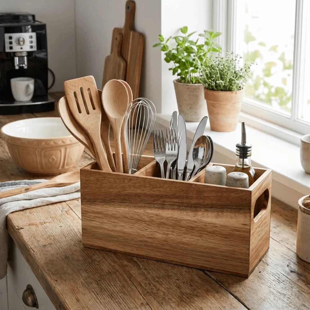 Kitchen Tools Wooden Utensil Organizer 3 Compartment Durable Storage Rack Space Saving Rustic Silverware Storage Box Countertop