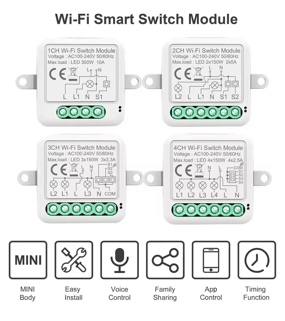 WiFi Smart Switch Module Electrical Switching Breaker 1/2/3/4Gang Lighting Switch Module Mobile for Tuya Smart APP Control Alexa