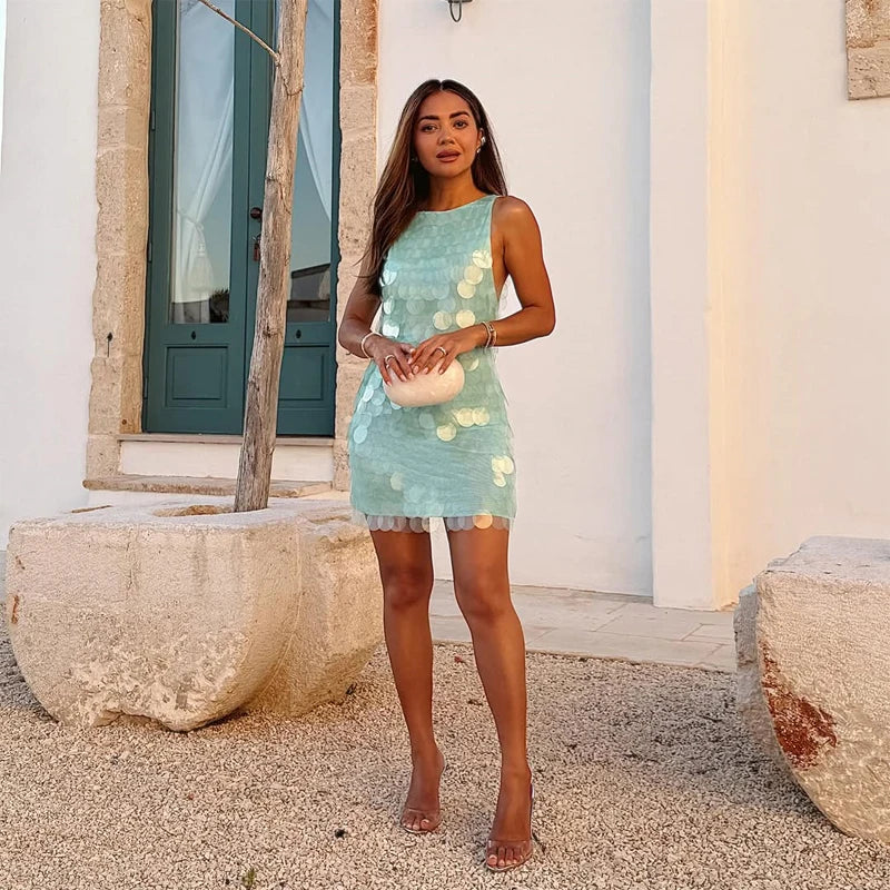 Women Chic Sequin Spaghetti Strap Mini Dress Lightweight Sexy Lace Trim Slimming Sleep Dresses 2026 Summer Beach Vacation Wear