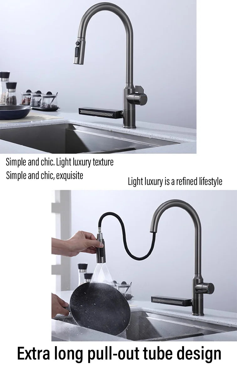 304 Stainless Steel Kitchen Faucet with Waterfall Sink Countertop Installation Hot Cold Mixer 360° Rotation for Kitchen