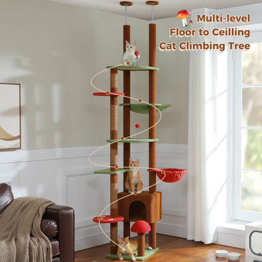 Height Adjustable Wooden Cat Tree with Large Hammock Sisal Scratching Posts Floor to Ceiling Cat Tower Cozy Cat Condo for Indoor