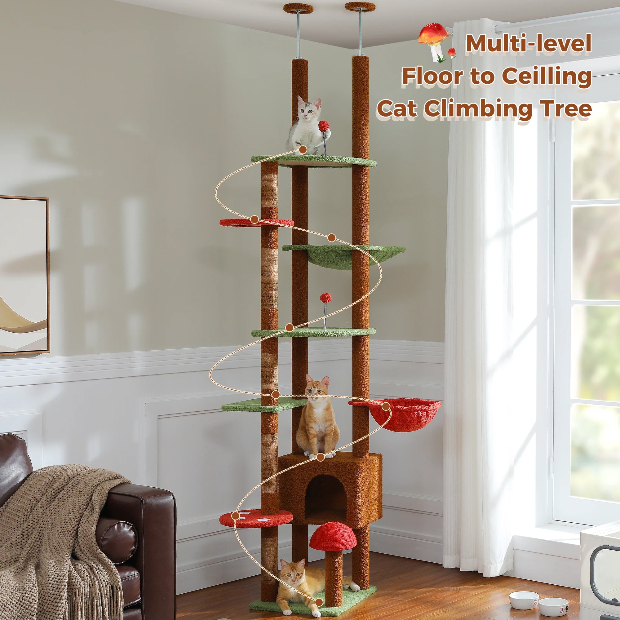 Height Adjustable Wooden Cat Tree with Large Hammock Sisal Scratching Posts Floor to Ceiling Cat Tower Cozy Cat Condo for Indoor