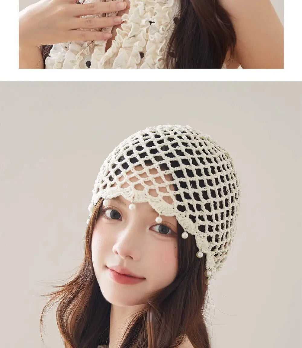 Fashion Hollowed Out Woven Pullover Hats Crochet Breathable Beret Cap Pearl Fringed Retro Beanies Cap for Women Summer Korean