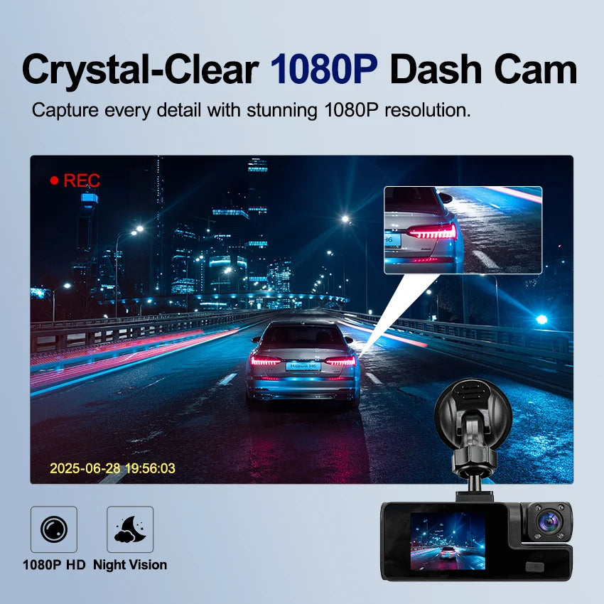 HD 1080P Car DVR Dash Cam with 3 Lens Wide Angle Night Vision G-Sensor Loop Recording for Front Inside and Rear Vehicle Camera