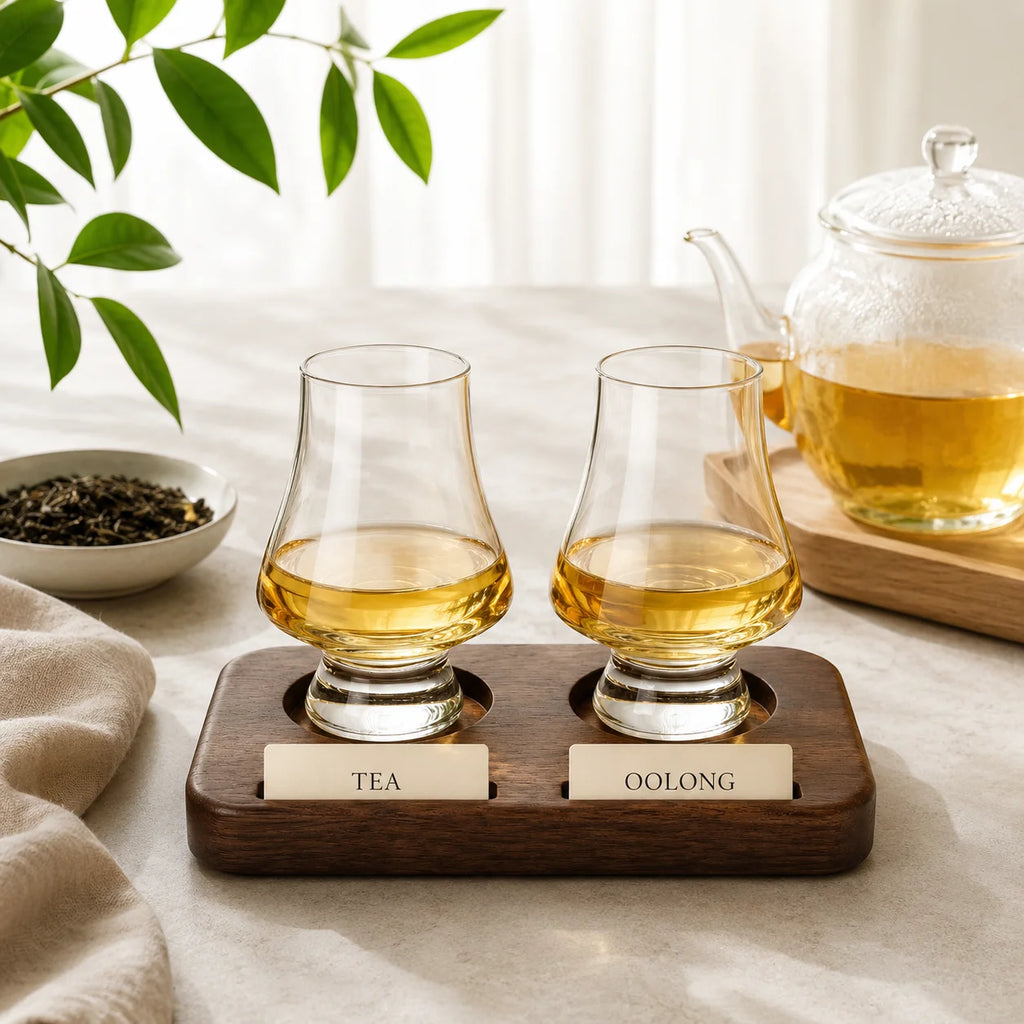 Whiskey Tasting Glasses Set of 2 with Black Walnut Wood Base, 8.5 oz Crystal Glasses with Label Slots