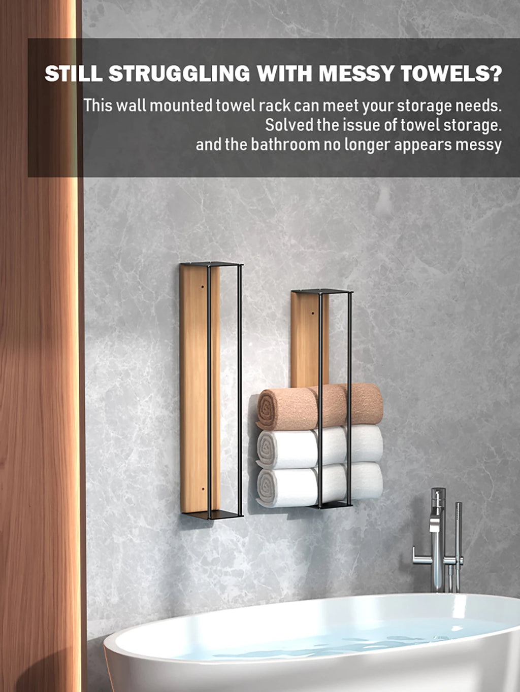 Bathroom wall mounted towel rack, bathroom decorative towel rack, towel hanging rack, roll towel storage, no drilling required