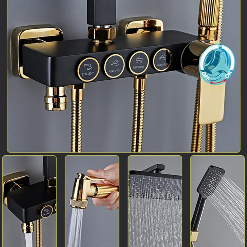 Hot Cold Bathroom Shower Set 12 Inch Rain Shower Head Quality Brass Bathroom Mixer Faucet Black Gold Thermostatic Shower System