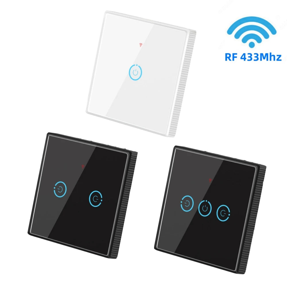 Wireless Radio Frequency RF 433Mhz Switch 1/2/3 Gang Smart Touch Switch Remote Control Tempered Glass Panel Wireless Wall
