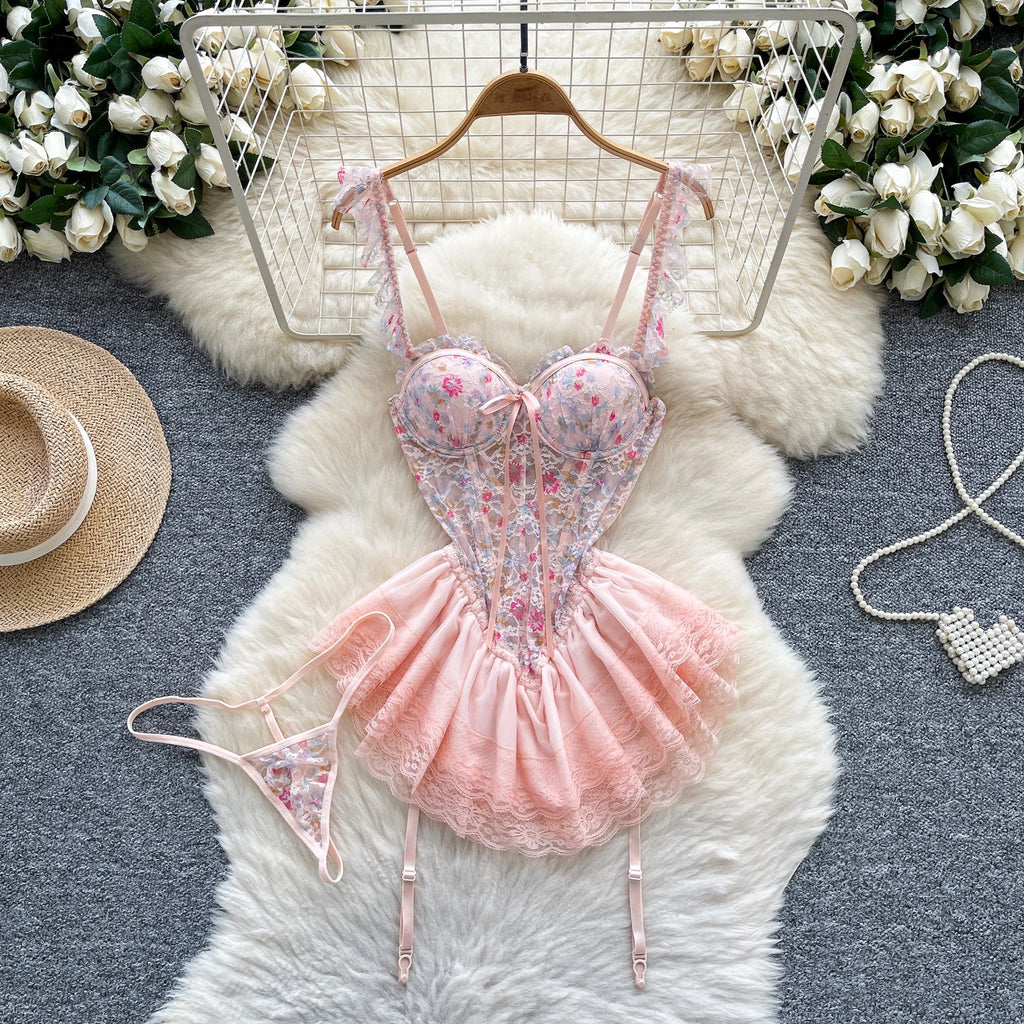 SINGREINY Strap Corset Lingerie Nightdress New Sleeveless Slim Floral Print Mini Nightwear Shapewear Mesh Lace Erotic Mini Dress