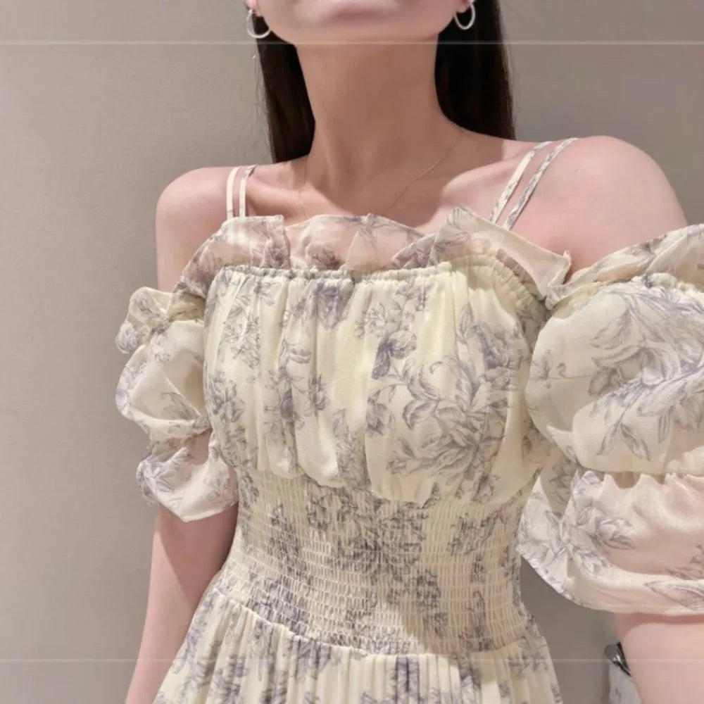 Kuzuwata Fairy Lovely Mesh Ruched Patchwork Robe Mid-length Puff Sleeve Off Shoulder Slim Mujer Japan Print Pleated Fresh Dress