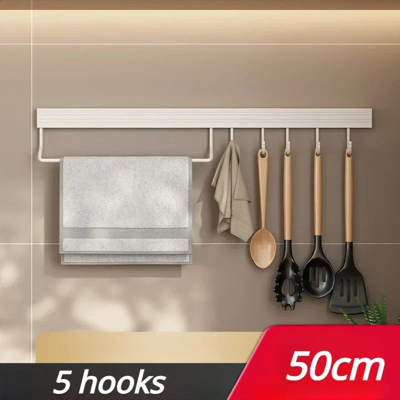 Kitchen Storage Rack Wall Mounted No Punch Shelves Movable Hook Spoon Holder Organizer For Kitchen Utensil Accessories Tool