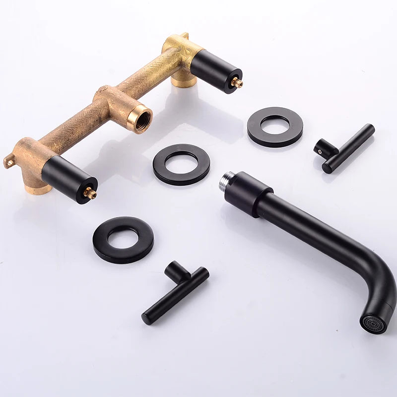 BAKALA Brass Matte Black Bathroom Sink Faucet Tap Hot Cold Wash Basin Water Swivel Spout Wall Mounted Bath Mixer