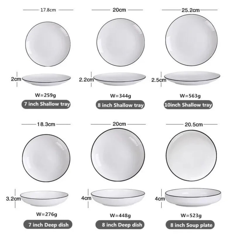White With Black Dinner Plate Set Ceramic Serving Tray Food Dishes Rice Salad Noodles Bowl Soup Kitchen Dinnerware