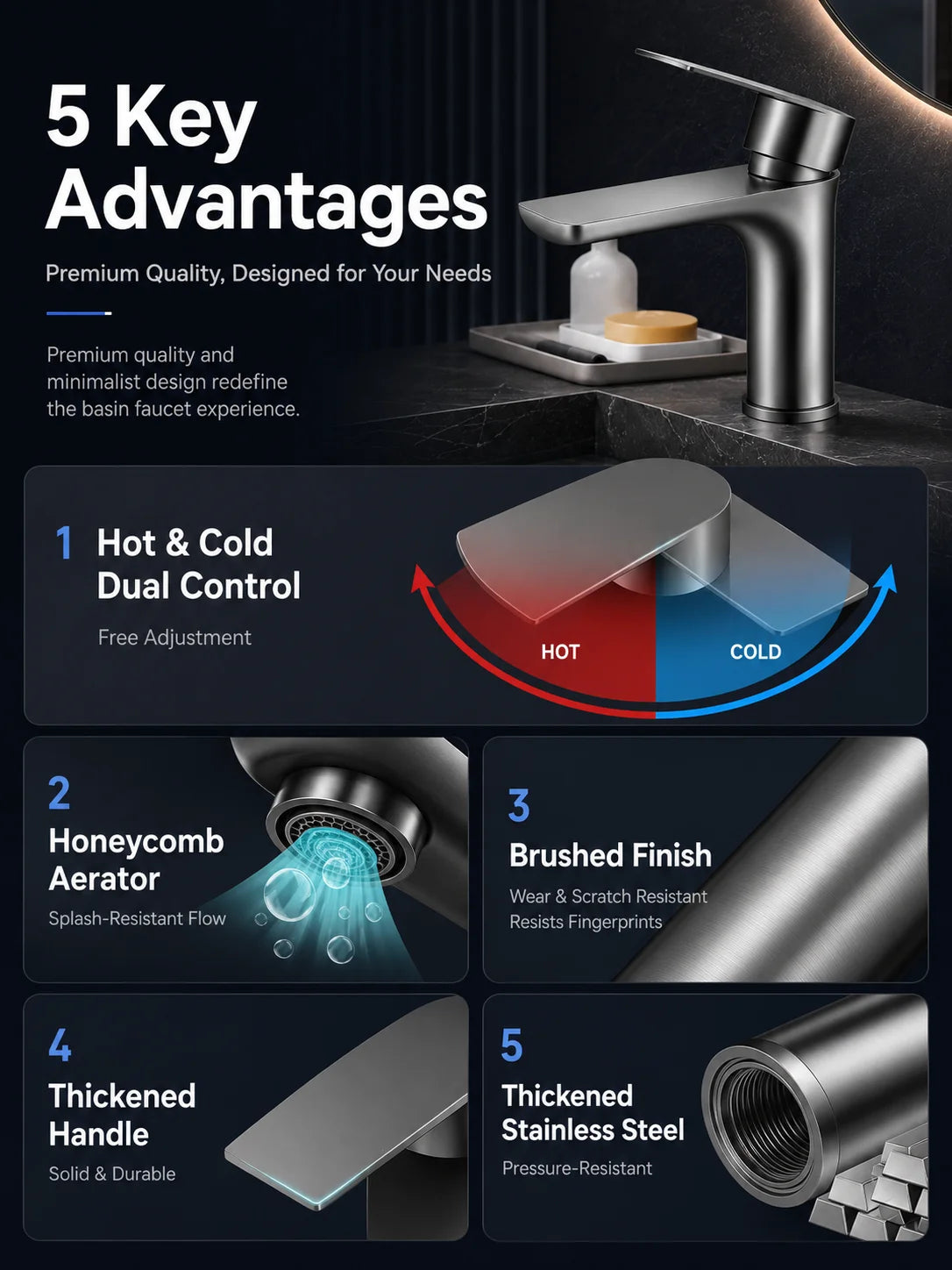 304 Stainless Steel Bathroom Sink Faucet Hot Cold Mixer Tap Single Handle Washbasin Water Faucet for Bathroom Vanity