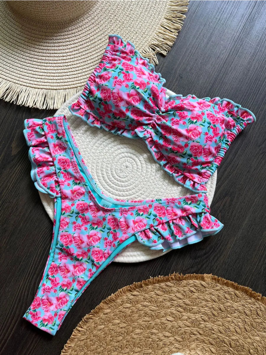 Bikini Set Women's Ruffle Flower Print Sexy 2 Pieces Swimsuit Triangle Strapless Backless Thong Beach Bathing Suit 2025 New
