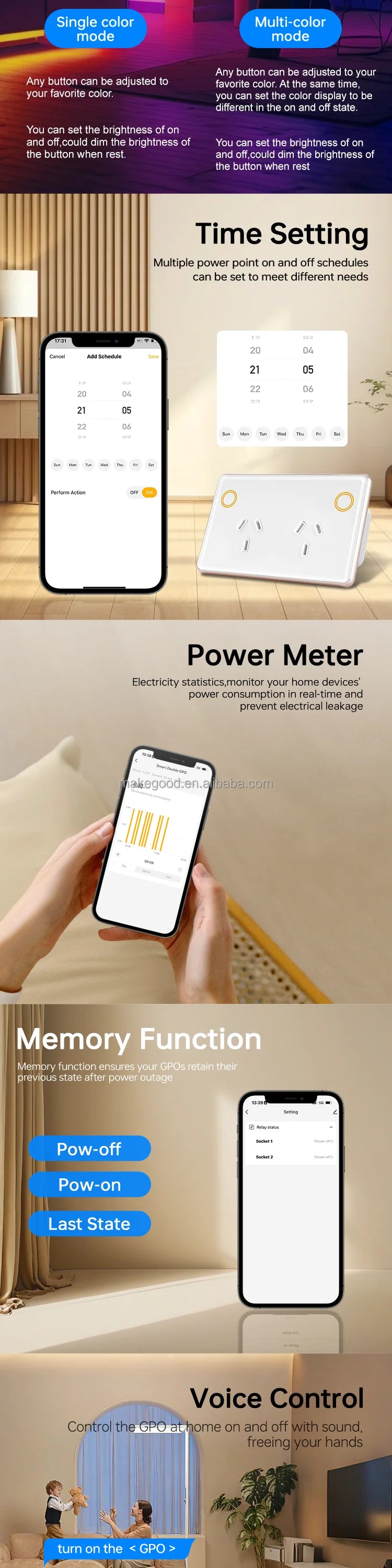 Customize Standard Wifi 2.4G 2400W Tempered Glass Panel Tuya App Smart Dual Power Point GPO Wall Socket