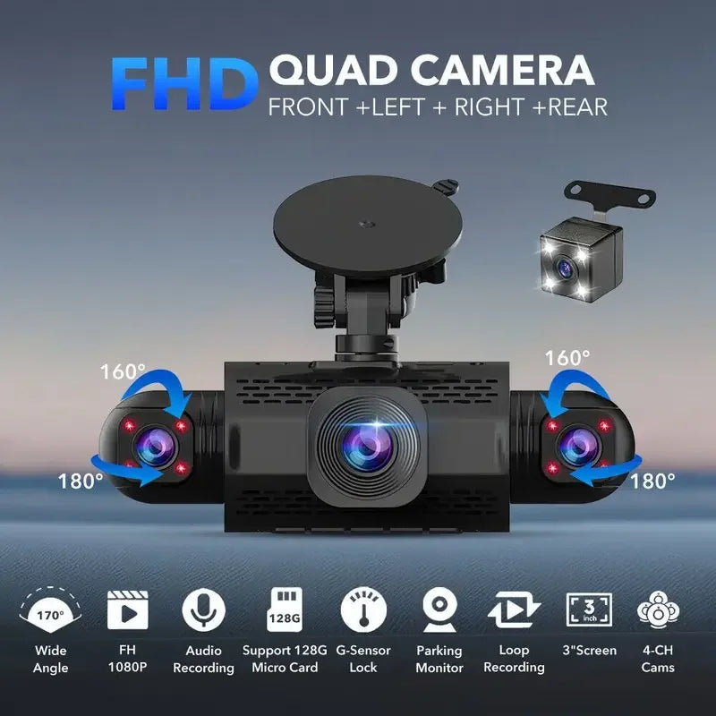 Car Dash Cam 4 Channel Black Box Driving Camera FHD 1080P Front Left Right Rear Night Vision Loop Recording add Hardwire kit