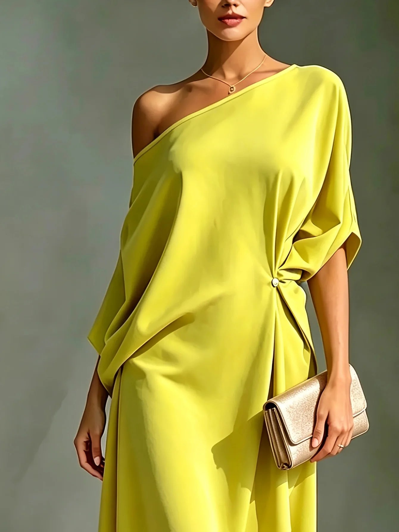 Women Summer Elegant Off Shoulder Half Sleeve chic Dress Batwing Sleeves Irregular Button Design Vintage Casual Holiday Dresses