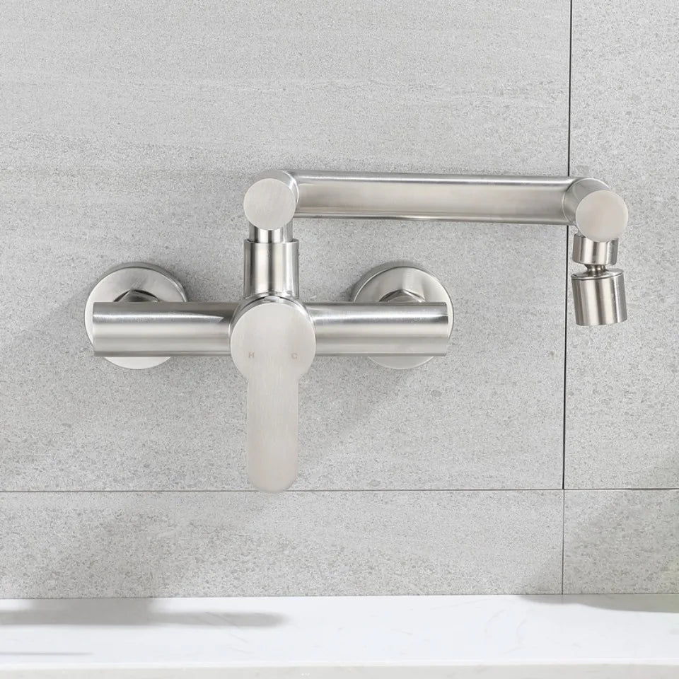 Stainless Steel Foldable Basin Faucet Wall Mounted Bathroom Kitchen Sink Washbasins Cold Hot Water Mixer Tap 360 Degree Swivel