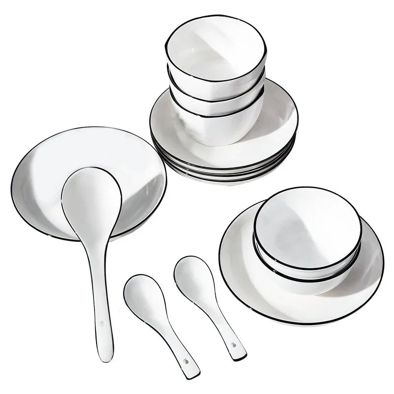 White With Black Dinner Plate Set Ceramic Serving Tray Food Dishes Rice Salad Noodles Bowl Soup Kitchen Dinnerware