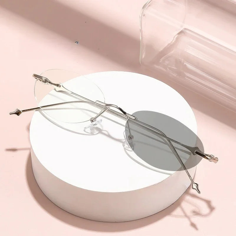 Small Oval Photochromic Myopia Glasses Women Men Fashionable Frameless Minus Diopter Glasses Trendy Outdoor Eyewear0-1.0-4.0