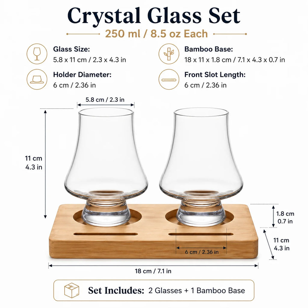 Whiskey Tasting Glasses Set of 2 with Black Walnut Wood Base, 8.5 oz Crystal Glasses with Label Slots