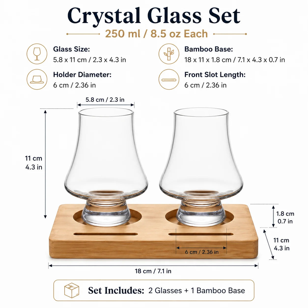 Whiskey Tasting Glasses Set of 2 with Black Walnut Wood Base, 8.5 oz Crystal Glasses with Label Slots