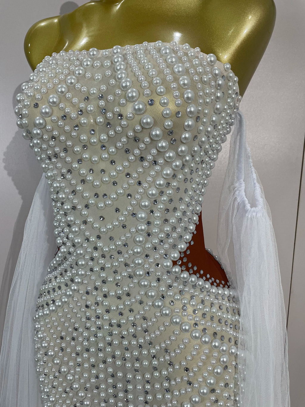 Elegant Sparkly Rhinestone White Pearl Sexy Strapless Mesh Long Dress Wedding Guest Gowns Luxury Birthday Evening Party Dress