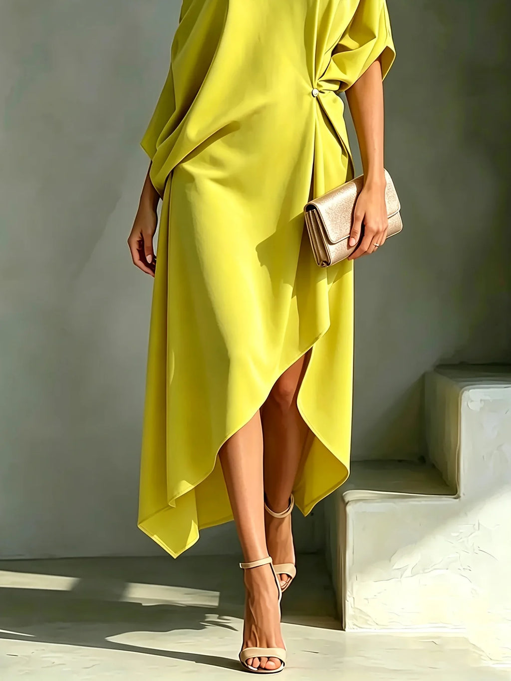 Women Summer Elegant Off Shoulder Half Sleeve chic Dress Batwing Sleeves Irregular Button Design Vintage Casual Holiday Dresses