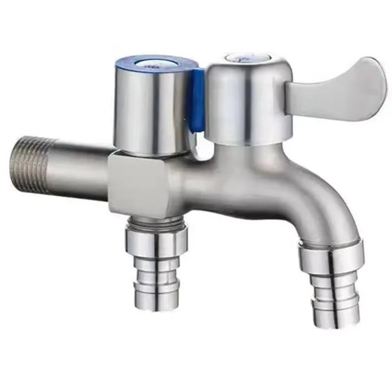 Stainless Steel Double Outlet Faucet Dual Control Water Tap 1/2 Inch Bidet Bathroom Accessory One in Two out Tap