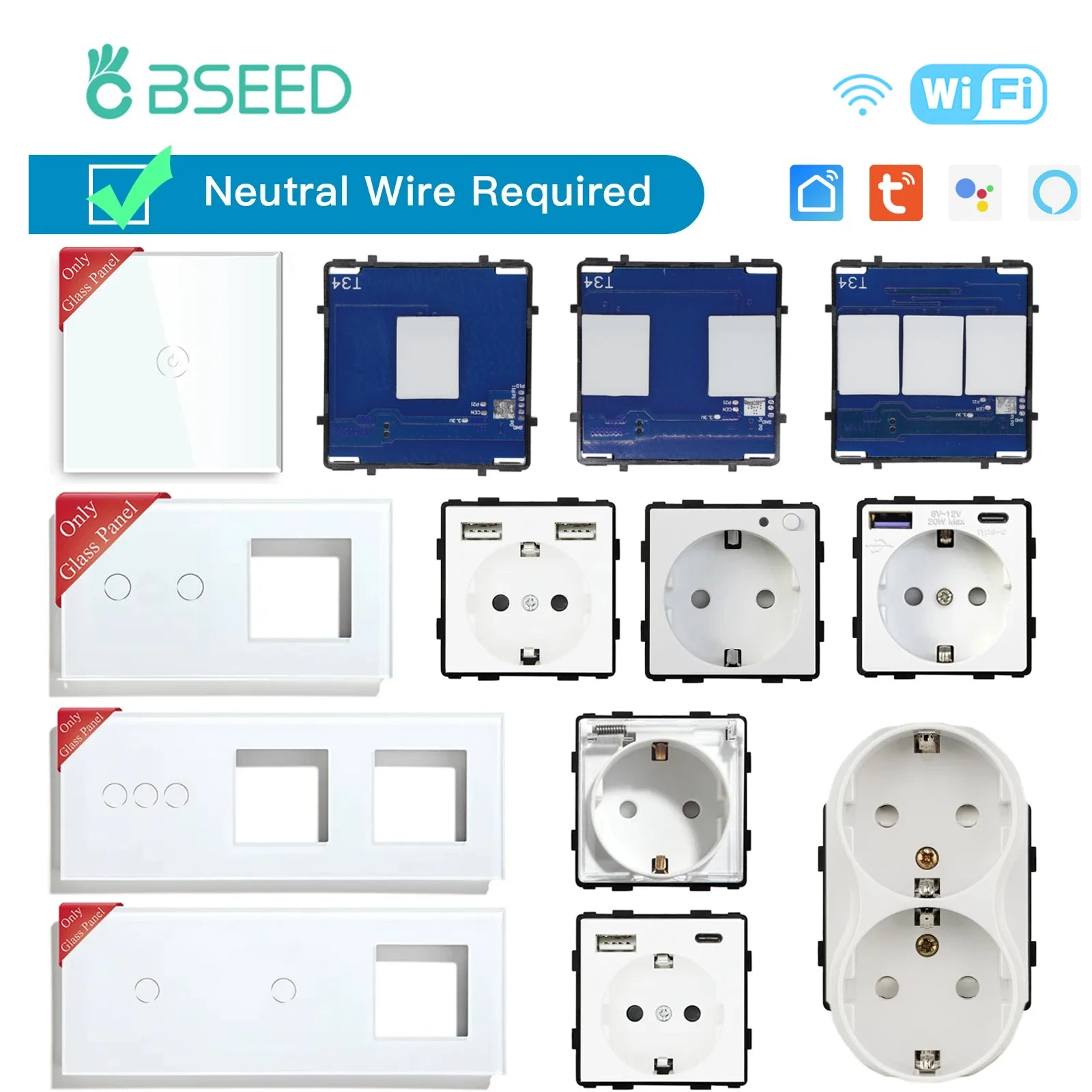 BSEED WIFI Wall Light Switches Glass Panel Parts White Smart Touch Switches Function Parts EU Sockets Power Outlet Parts