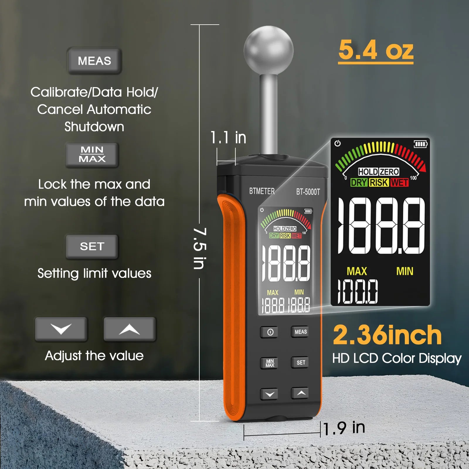 Wood Moisture Meter - Pinless Moisture Detector Measur Depth 20-40mm Non-Destructive Moisture Tester with Masonry