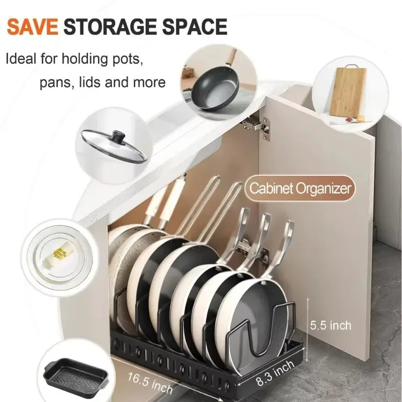 Kitchen Cabinet Pull Out Tray Organizer with Slide Rails Adjustable Storage Rack for Pots Pans and Dishes