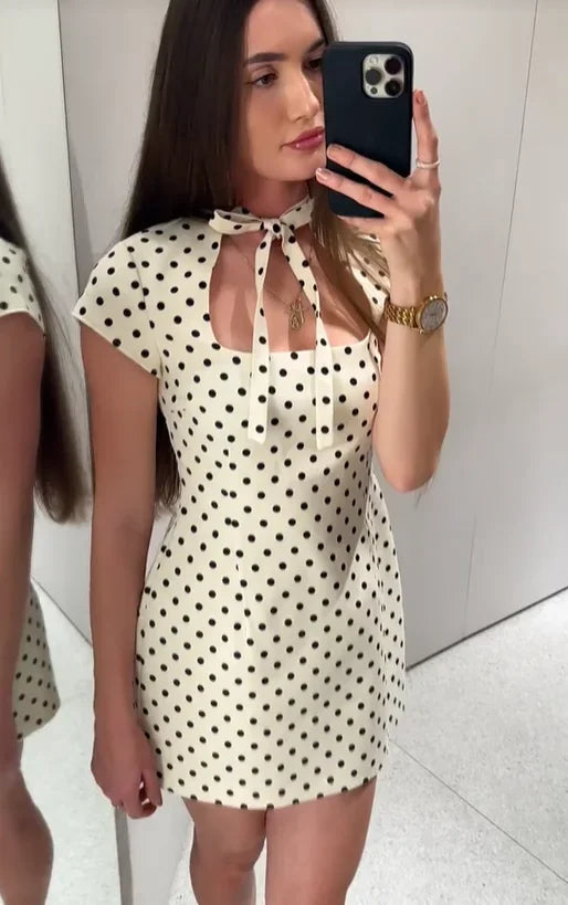 Elegant Lace-up Polka Dot Mini Dress Lady Chic Short-sleeved Waist Cinching Slim A-line Vestidos 2026 Women Evening Party Gowns