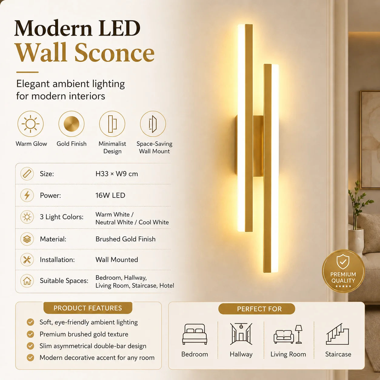 Modern LED wall lights are suitable for bedrooms, living rooms, study rooms, and corridors