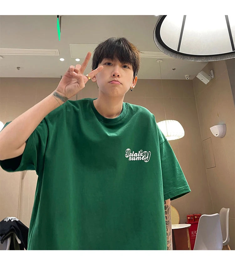 Forest Green Heavyweight Cotton American Style Men's T-shirt Short Sleeve Vibe High Street Seven Sleeve Summer T-shirt