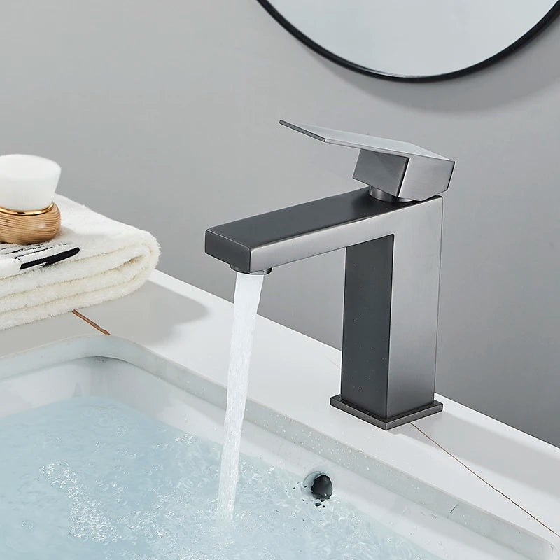 Senlesen Brushed Gold Bathroom Faucet Basin Faucets Deck Mounted Sink Mixer Tap Stainless Steel Countertop Hot Cold Water Crane