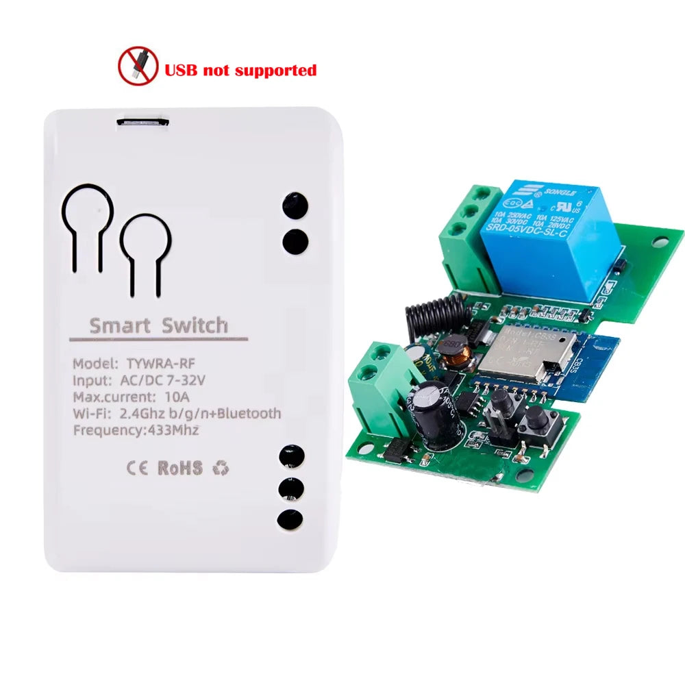Wifi Smart Switch 1CH 7-32V Mini Wifi Light Controller 433 RF Receiver Gate Garage Opener 10A Works with Tuya App 1 Gang Relay