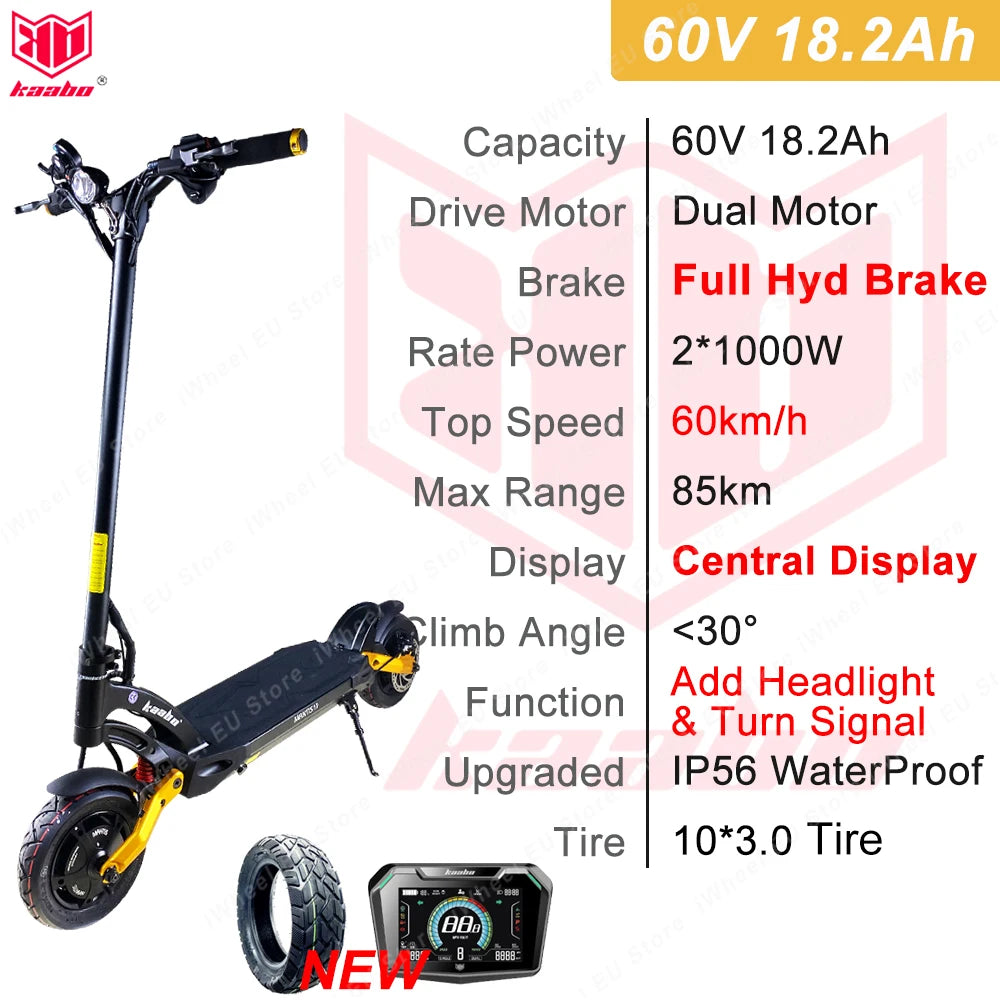 Kaabo Mantis 10 60V 18.2Ah with Center Display Dual Motor 2*1000W Top Speed 60km/h Kaabo Mantis 10 Scooter Full Hydraulic Brake