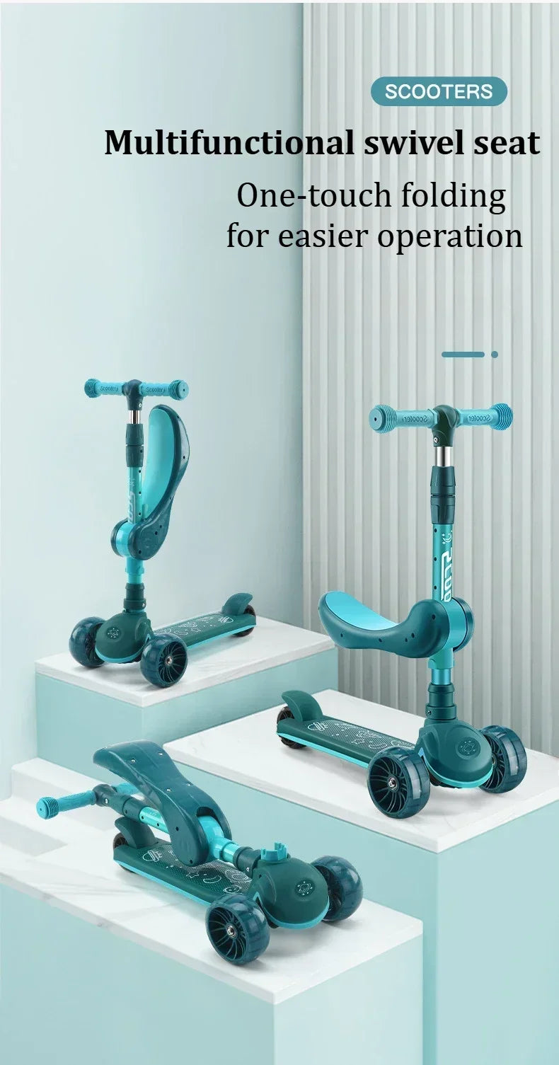 2-in-1 Scooters Kids 3 Wheel Kick Scooter for Boys Girls Adjustable Height & Seat Non-Slip Deck Sit or Stand Ride with Brake