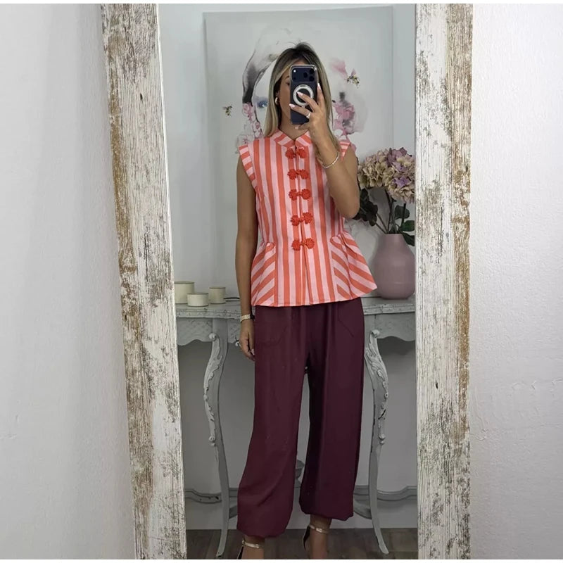 Striped Mandarin Collar Frog Button Ruffle Trim Top Striped Single‑breasted 2026 Summer Women Blouse Versatile Casual Lady Top